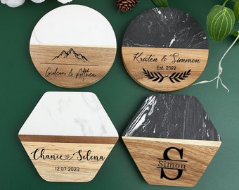 Gepersonaliseerde onderzetters, op maat gegraveerde marmeren houten onderzetterset, cadeaus voor housewarming, jubileum, bruiloft, verloving, vaderdagcadeaus