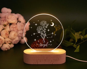 Lámpara de noche personalizada con flor de nacimiento, lámpara de noche LED personalizada, luz nocturna personalizada con nombre, regalo de cumpleaños, luz nocturna de flor de nacimiento del zodíaco