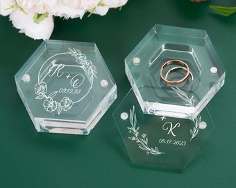 Portador de anillo hexagonal transparente, caja de anillo de boda personalizada, caja de anillo de acrílico personalizada, caja de anillo de ceremonia de boda de compromiso, regalos para la novia