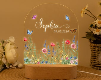 Personalized Name Night Lamp with Wildflower, Custom Baby Bedroom Led Lamp, Baby Shower Gift, Birthday Gift for Kids, Newborn Chirstmas Gift