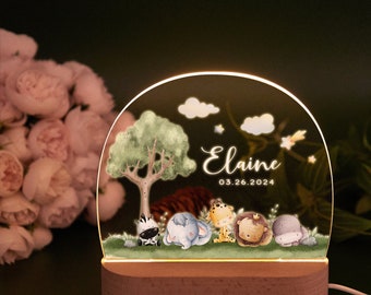 Personalized Woodland Animals Night Light, Baby Gift Birth, Night Light Baby Christening Gift, Nursery Decor, Baby Bedside Lamp Gift for Kid