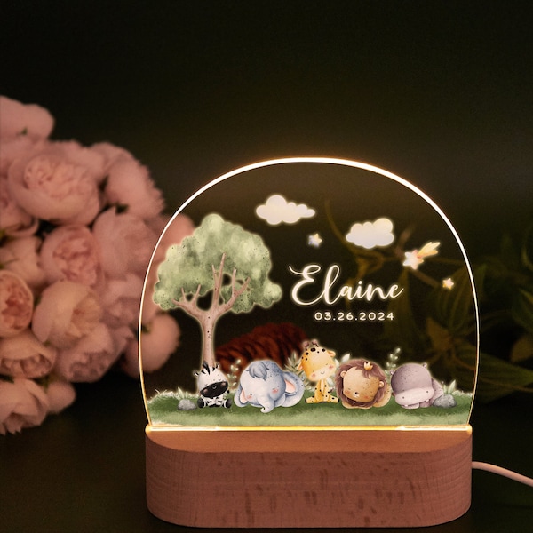 Personalized Woodland Animals Night Light, Baby Gift Birth, Night Light Baby Christening Gift, Nursery Decor, Baby Bedside Lamp Gift for Kid