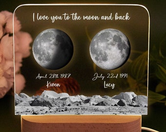 Lámpara acrílica de fase lunar personalizada, luz nocturna de fase lunar por fecha, lámpara de mapa de estrellas del cielo nocturno, regalo de aniversario, regalo de pareja personalizado, regalo de boda