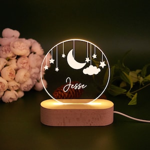 Custom Moon and Star Nightlight ,Personalized Clouds Night light With Name,Baby Bedroom Night Light, Newborn Gift, Mom Gifts, Nursery Decor Round--Moon and Star
