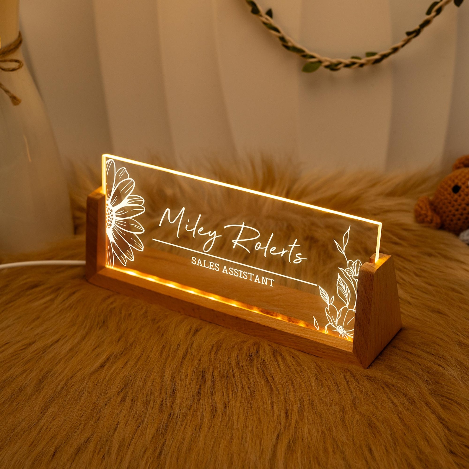 Personalized Lighted Desk Name Plate: Wooden Base, Floral Design - Etsy