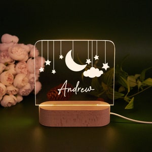 Custom Moon and Star Nightlight ,Personalized Clouds Night light With Name,Baby Bedroom Night Light, Newborn Gift, Mom Gifts, Nursery Decor Square-Moon and Star