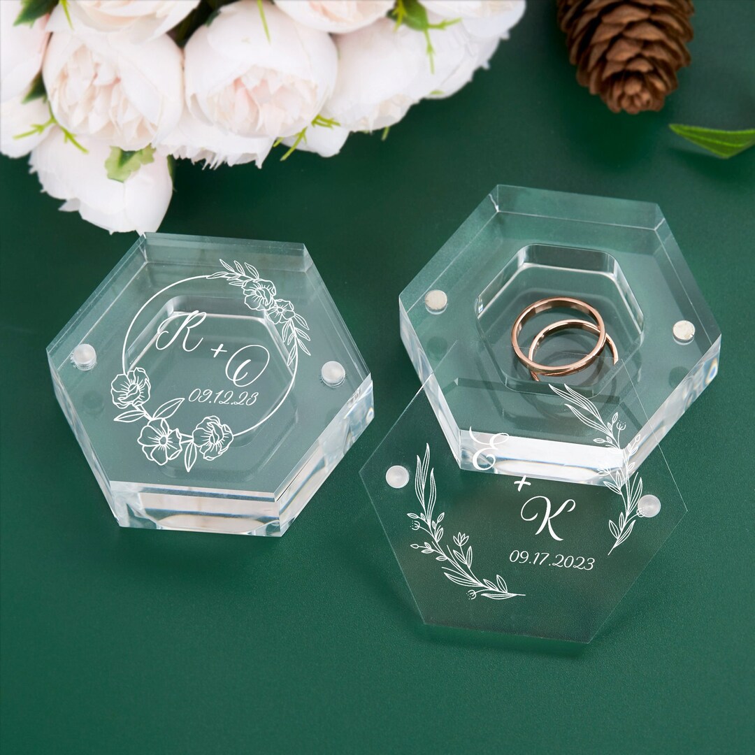 Clear Hexagon Ring Bearer, Personalized Wedding Ring Box, Custom