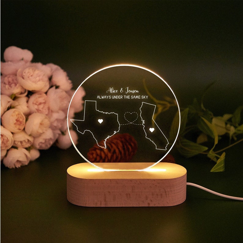 Custom Two Map Night Light,Always Under The Same Sky,Long Distance Relationship Lamp,Going Away Gift,Couple Gift,Miss You Gift,Friend Gift image 1