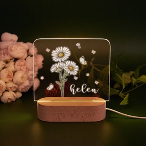 Personalized Birth Flower Night Light,Name Led Night Lamp,Birthday Gifts for Baby Girl,Baby Shower Gifts,New Born Baby Gifts,Baby Room Decor image 3