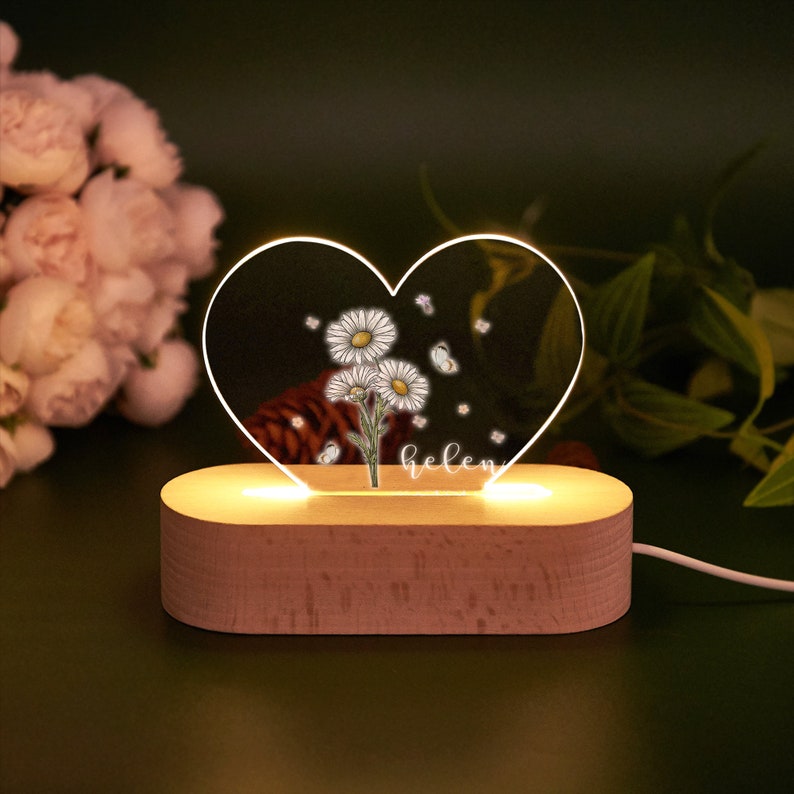 Personalized Birth Flower Night Light,Name Led Night Lamp,Birthday Gifts for Baby Girl,Baby Shower Gifts,New Born Baby Gifts,Baby Room Decor image 2