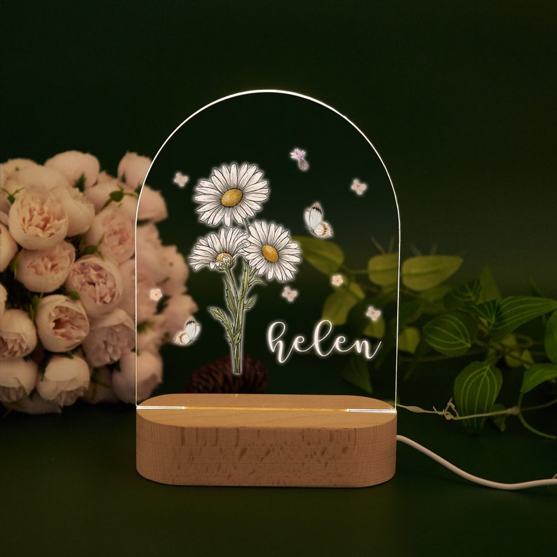 Personalized Birth Flower Night Light,Name Led Night Lamp,Birthday Gifts for Baby Girl,Baby Shower Gifts,New Born Baby Gifts,Baby Room Decor image 4