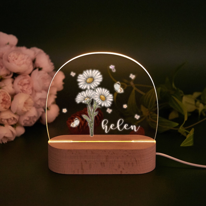 Personalized Birth Flower Night Light,Name Led Night Lamp,Birthday Gifts for Baby Girl,Baby Shower Gifts,New Born Baby Gifts,Baby Room Decor image 1