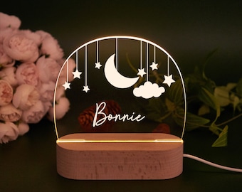 Aangepaste maan en ster nachtlampje, gepersonaliseerd wolken nachtlampje met naam, babykamer nachtlampje, pasgeboren cadeau, kerstcadeaus voor kinderen