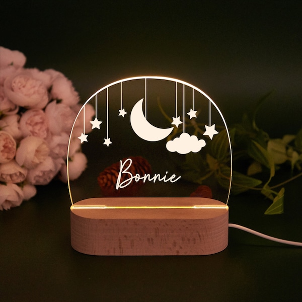 Veilleuse lune et étoile personnalisée, veilleuse nuages personnalisée avec nom, veilleuse pour chambre de bébé, cadeau nouveau-né, cadeaux de Noël pour enfants