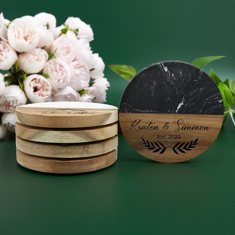 Personalized Coasters, Custom Engraved Marble Wood Coaster Set, Gifts for Housewarming, Anniversary, Wedding, Engagement, Father's Day Gifts zdjęcie 7