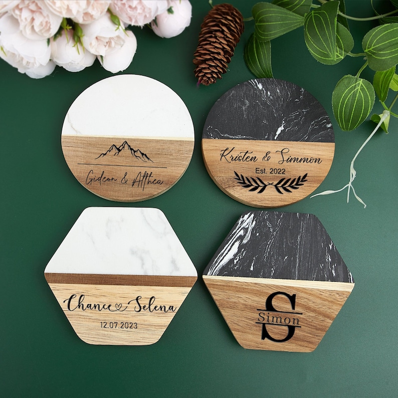 Personalized Coasters, Custom Engraved Marble Wood Coaster Set, Gifts for Housewarming, Anniversary, Wedding, Engagement, Father's Day Gifts zdjęcie 1