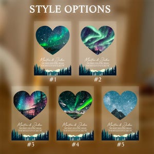 May include: Five heart-shaped art prints showcasing different aurora borealis scenes. Each print features a unique color palette of greens, blues, and purples, with a forest silhouette at the bottom. The text "Martin & Julie" and date are included.