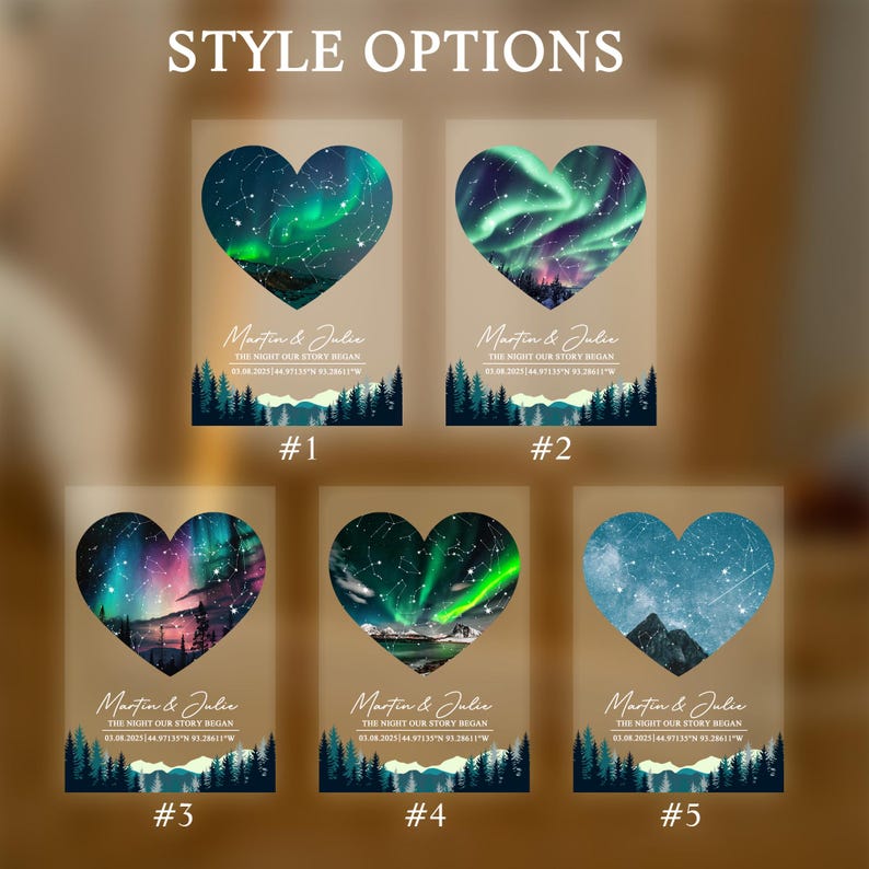 May include: Five heart-shaped art prints showcasing different aurora borealis scenes. Each print features a unique color palette of greens, blues, and purples, with a forest silhouette at the bottom. The text "Martin & Julie" and date are included.