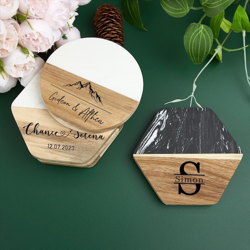 Personalized Coasters, Custom Engraved Marble Wood Coaster Set, Gifts for Housewarming, Anniversary, Wedding, Engagement, Father's Day Gifts zdjęcie 2