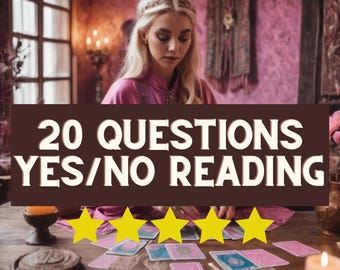 May include: A woman in a pink dress is seated at a wooden table, surrounded by tarot cards and candles. The text "20 QUESTIONS YES/NO READING" is displayed on a brown banner. Five gold stars are below the text.
