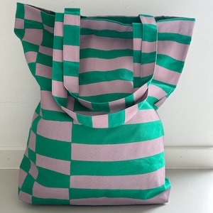 Baumwolltasche, Shopper, gestreift/kariert, rosa/grün