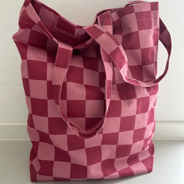 Baumwolltasche, Shopper, Karo, rosa/weinrot