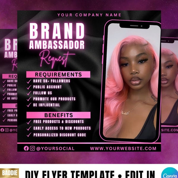 Brand Ambassador Flyer, Influencer Flyer, DIY Editable Template, Social Media Brand Beauty Hair Makeup MUA Lash Nail Salon Boutique Flyer