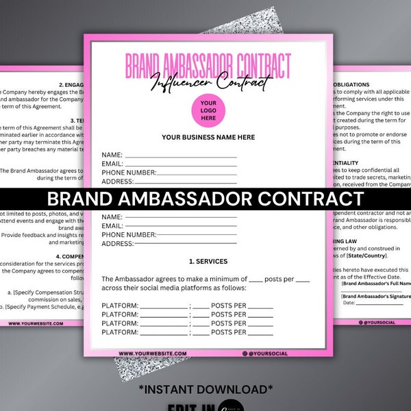 Brand Ambassador Flyer, Influencer Flyer, Brand Ambassador Contract, Influencer Contract, Brand Ambassador Agreement, Influencer Agreement