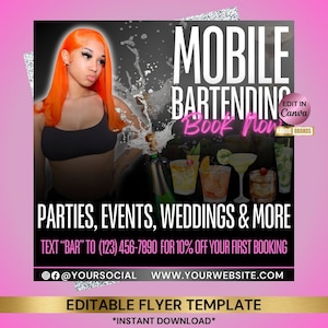 Flyersjabloon mobiele bartender, flyer Bottle Girls, evenementen en feesten barmanservices (digitale download)