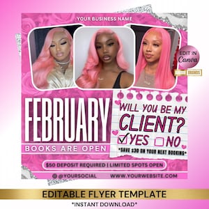 February Booking Flyer, Valentines Day Hair Flyer, Valentines Day Flyer, Hair Flyer, Lash Flyer, Nail flyer, Hair Booking Flyer, Braids Locs