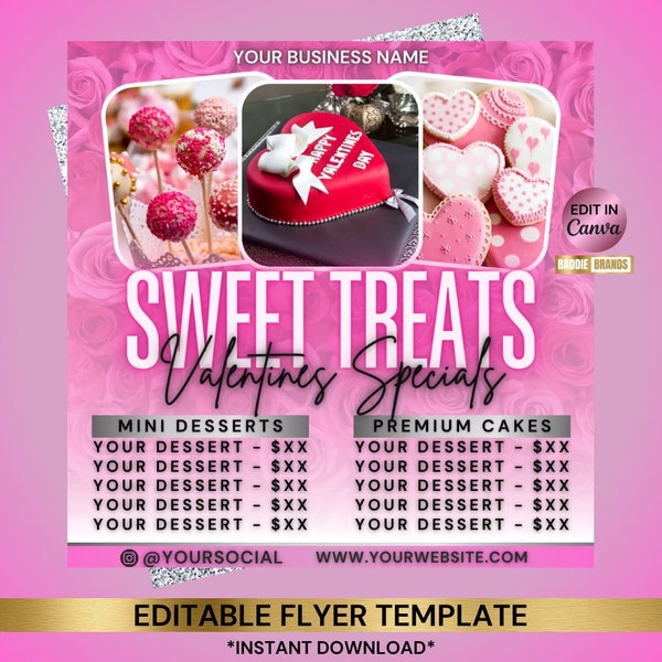 Bakery Flyer, Valentines Treats Flyer, February Pastry flyer, Bake sale, Bake shop, Dessert flyer, Cake, Dipped Strawberry, Price list flyer