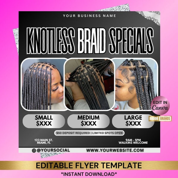 Knotless Braids Flyer, Braids Flyer, Braid Specials Flyer, Braider Flyer, Braid Salon Flyer, Hair Braiding salon Flyer, Braid booking flyer