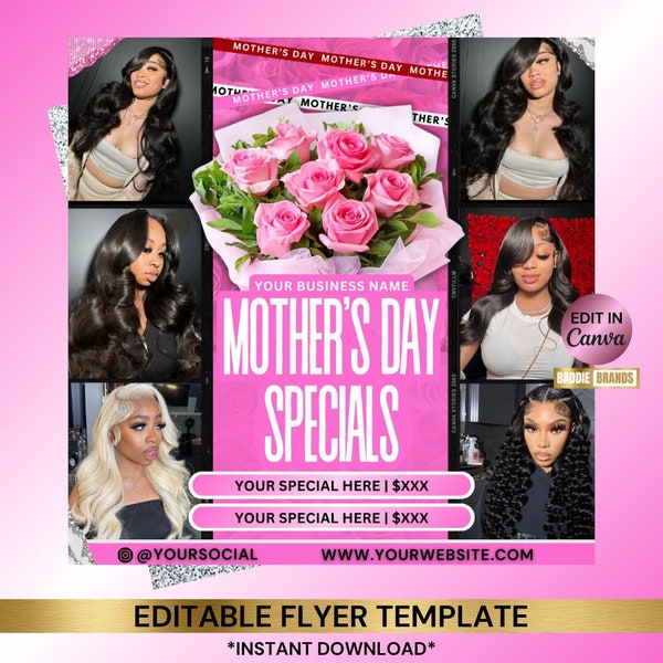 Mother's Day Booking Flyer, Mother's Day Special Flyer, May Booking Flyer, Mother's Day Deals Hair Braids Makeup Nails Lash Wigs Install