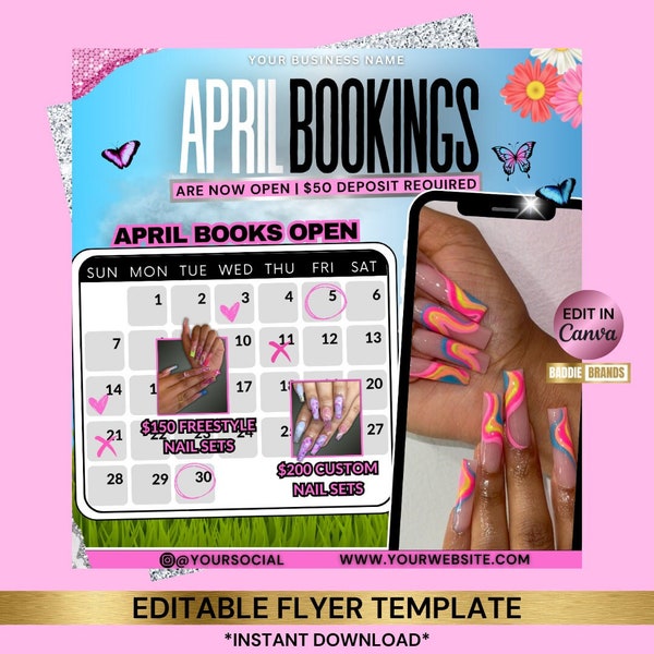 April Nail Booking Flyer, April Nail Flyer, Nail Branding Kit Flyer, April Booking, Nail Booking Flyer, Nail Tech Press-on Nail Sale Flyer