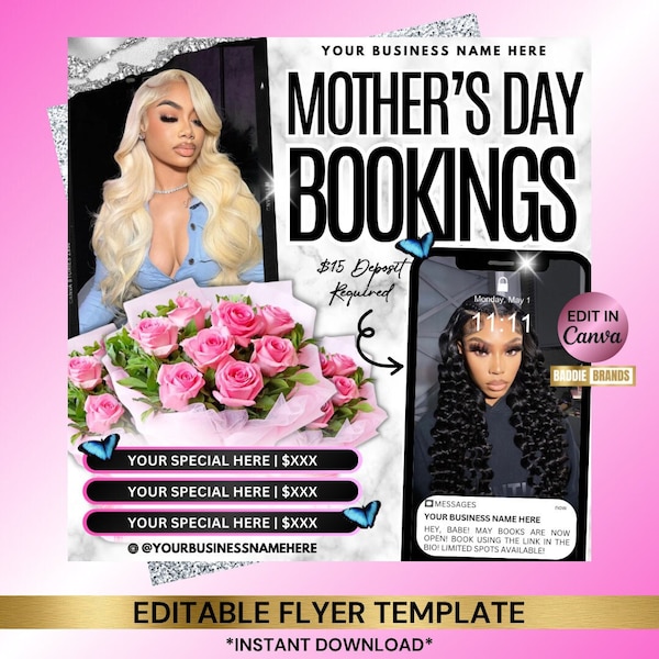 Mother's Day Booking Flyer, Mother's Day Special Flyer, May Booking Flyer, Mother's Day Deals Hair Braids Makeup Nails Lash Wigs Install