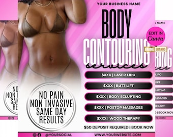 Body Contour Flyer, Body Sculpting Flyer, Body spa Pricelist Flyer, Body Contouring Service, Body sculpt Booking, Book now, Esthetician