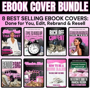 May include: A collection of eight ebook covers featuring pink and black color schemes. The covers feature images of cars, money, and people. The titles include "Manifest That Shit", "Time to Boss Up", "Rich Off Content", "Stand on Business This Year", "Baddie in the Bag", "Vendor List", "How to Be a Boss Babe", and "Financial Freedom".