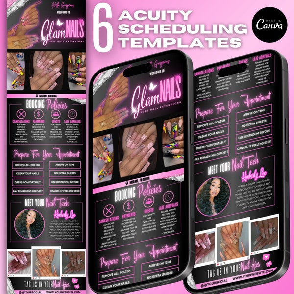 Nail Tech Acuity Scheduling Template | Nail Tech Branding | Nail Tech Website | Canva Templates | Acuity Banners | Black and Pink Acuity