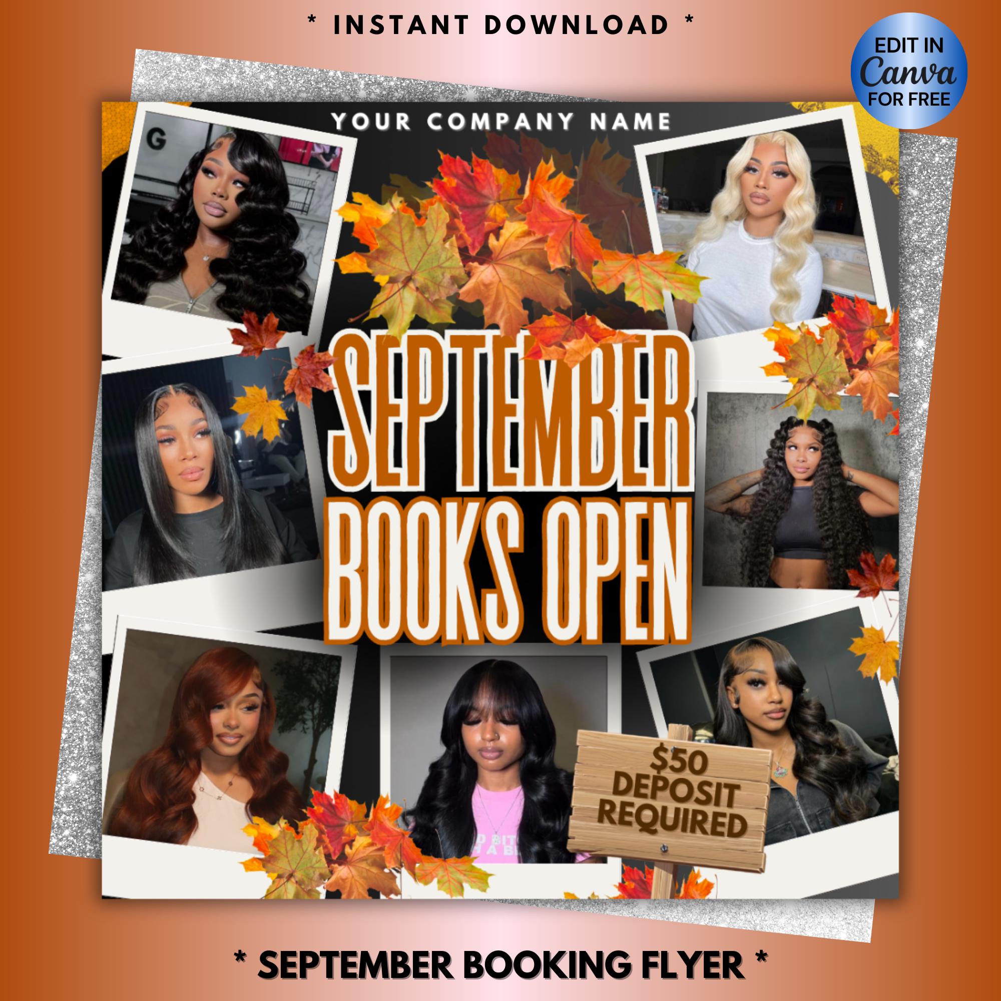 September Booking Flyer, Fall Season Booking, Back To School Flyer, Hair Flyer, September Lash Flyer, Nail Flyer, Braids, Makeup Wax