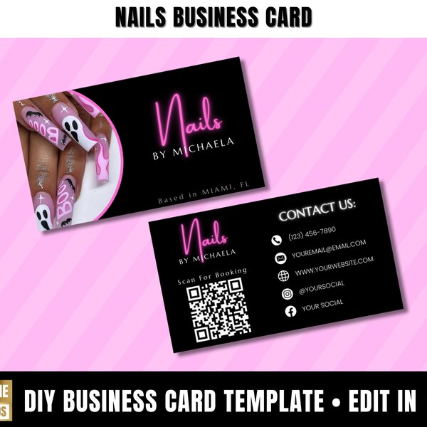 Nail Business Card Template, Nail Tech Business Card, Business Branding Cards, Presson Nail Business Card, Press-on Nail Logo, DIY Marketing