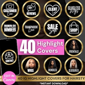 May include: 40 Instagram highlight covers for hairstylists. The covers feature a variety of designs, including a camera, a heart, a shopping bag, and a wig. The covers are in black and gold with white text.