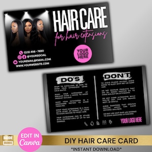 Modelo de cartão de cuidados com o cabelo, cartão de cuidados posteriores com o cabelo, instruções de cuidados com o cabelo, guia de cuidados com tramas, extensão de cabelo, pacotes de cabelo, encarte de negócios de cabelo