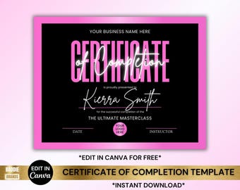 Certificate of Completion Template: Lash, Nail, Makeup Class (Digital Download)