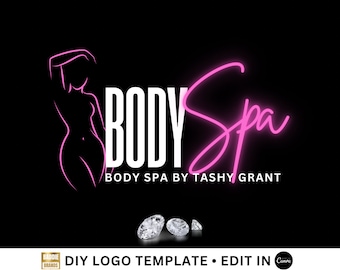 May include: Pink neon sign with the text "Body Spa" and the words "Body Spa by Tashy Grant" in white text below. A stylized outline of a woman's body is to the left of the text. Three small, clear, diamond-shaped crystals are below the text.