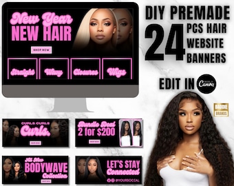 Shopify Hair Website Template, Hair Website Banner, Shopify Website Theme with Editable Banners, Web Banner Slide, Website banner set, DIY