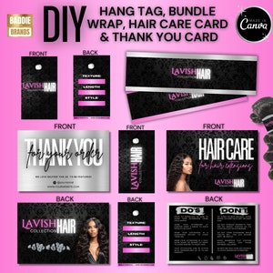 Hair Branding Business Silver Pink Kit, Bundle Wrap, Hair Hang Tag, Thank you card, Hair Care card, Hair Business Packaging, Hair Extension