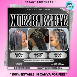 Volantino per trecce, volantino per offerte speciali su trecce senza nodi, modello per salone di trecce (download digitale)