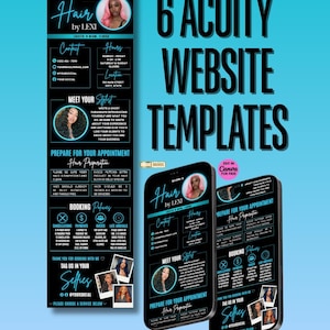 May include: A teal graphic with the text "6 Acuity Website Templates" and two smartphones displaying a hair salon template. The templates include contact info, booking policies, and hair preparation instructions. The words "Instant Download" are at the bottom.