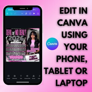 Puede incluir: Un tel&eacute;fono inteligente muestra un dise&ntilde;o de Canva con el texto "DEAL or NO DEAL? 2026 edition" en rosa y plata. La imagen incluye una mujer y un gr&aacute;fico de malet&iacute;n. El fondo es un degradado de rosa y morado con el texto "EDIT IN CANVA USING YOUR PHONE, TABLET OR LAPTOP."