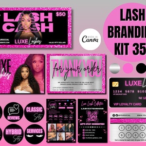 Lash Branding Kit, Business Card, Loyalty Card, Lash Cash Gift Certificate, Thank you card, IG Highlight Cover, Lash Tech Business, Pink